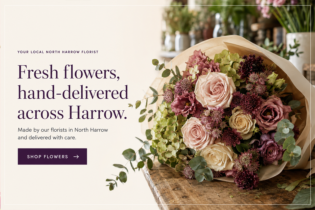 Same-day flower delivery in Harrow, Pinner, Ruislip, Northwood, Hatch End and surrounding areas from your trusted local florist.